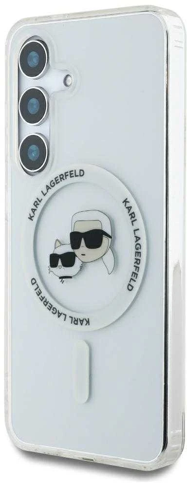 Karl Lagerfeld Button Karl & Choupette Heads Printed Logo MagSafe Samsung Galaxy S25 dėklas telefonui baltos spalvos