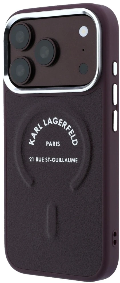 Karl Lagerfeld Embossed Open Ring RSG Logo MagSafe dėklas, skirtas iPhone 18 Pro Max / 17 Pro Max, bordo spalvos