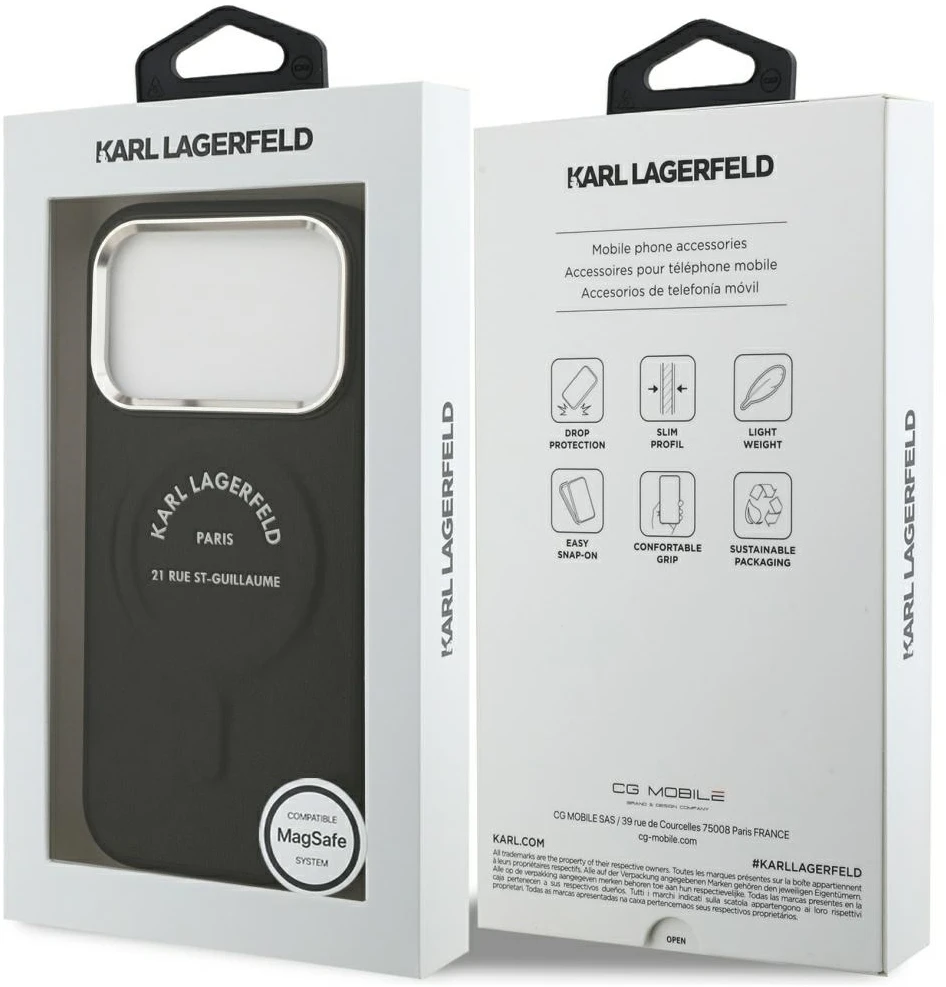 Dėklas Karl Lagerfeld Embossed Open Ring RSG Logo MagSafe skirtas iPhone 18 Pro Max / 17 Pro Max juodas