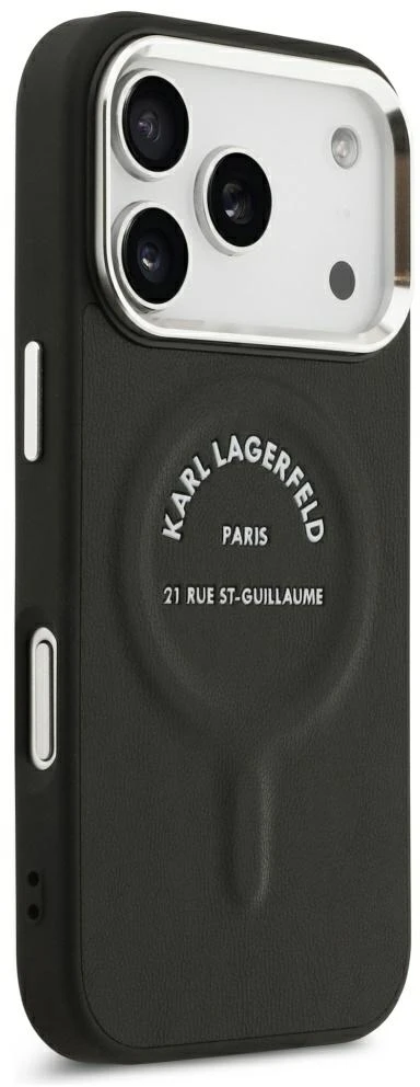 Dėklas Karl Lagerfeld Embossed Open Ring RSG Logo MagSafe skirtas iPhone 18 Pro Max / 17 Pro Max juodas