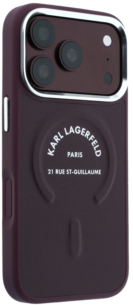 Karl Lagerfeld Embossed Open Ring RSG Logo MagSafe dėklas, skirtas iPhone 18 Pro Max / 17 Pro Max, bordo spalvos