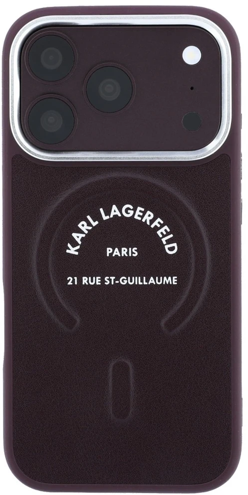 Karl Lagerfeld Embossed Open Ring RSG Logo MagSafe dėklas, skirtas iPhone 18 Pro Max / 17 Pro Max, bordo spalvos