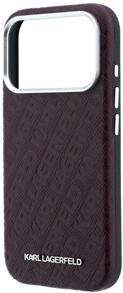 Dėklas Karl Lagerfeld Grained Allover Logo Metal Elongated MagSafe skirtas iPhone 18 Pro / 17 Pro burgundy