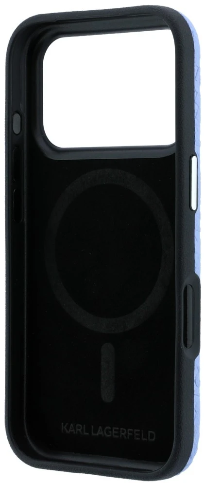 Dėklas Karl Lagerfeld Grained Allover Logo Metal Elongated MagSafe skirtas iPhone 18 Pro / 17 Pro mėlynas