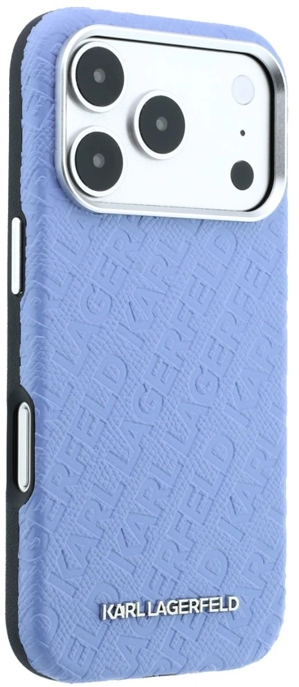 Dėklas Karl Lagerfeld Grained Allover Logo Metal Elongated MagSafe skirtas iPhone 18 Pro / 17 Pro mėlynas
