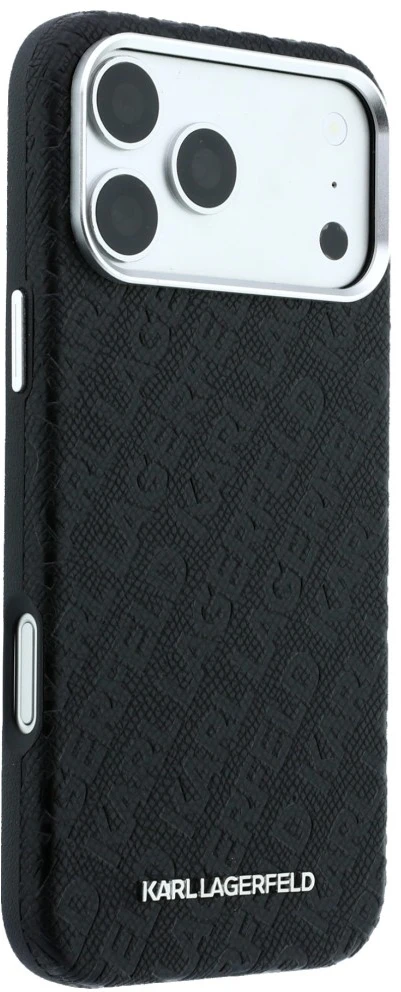 Dėklas Karl Lagerfeld Grained Allover Logo Metal Elongated MagSafe skirtas iPhone 18 Pro / 17 Pro juodas