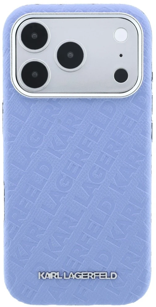Dėklas Karl Lagerfeld Grained Allover Logo Metal Elongated MagSafe skirtas iPhone 18 Pro / 17 Pro mėlynas