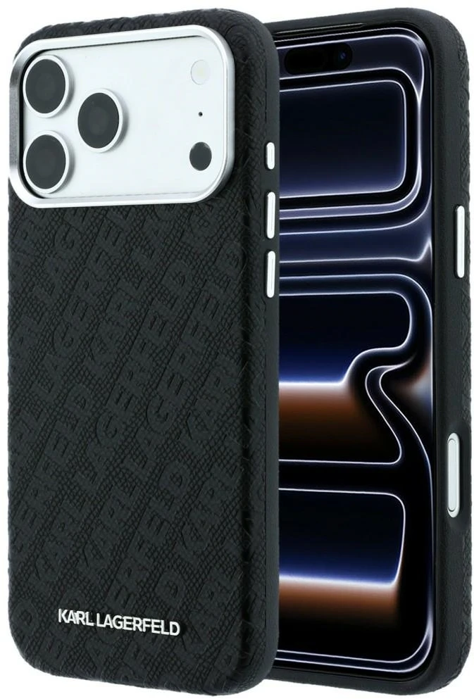 Dėklas Karl Lagerfeld Grained Allover Logo Metal Elongated skirtas iPhone 18 Pro Max/17 Pro Max juodas
