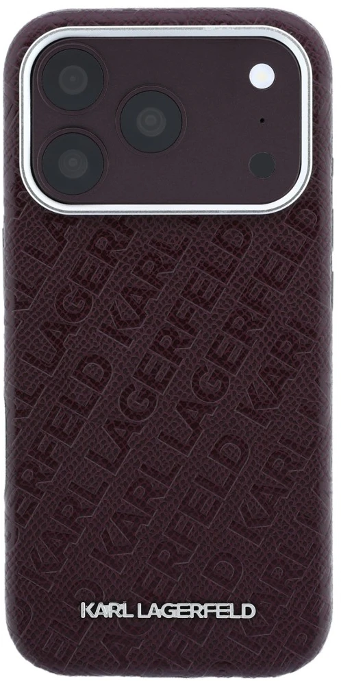 Dėklas Karl Lagerfeld Grained Allover Logo Metal Elongated MagSafe skirtas iPhone 18 Pro / 17 Pro burgundy