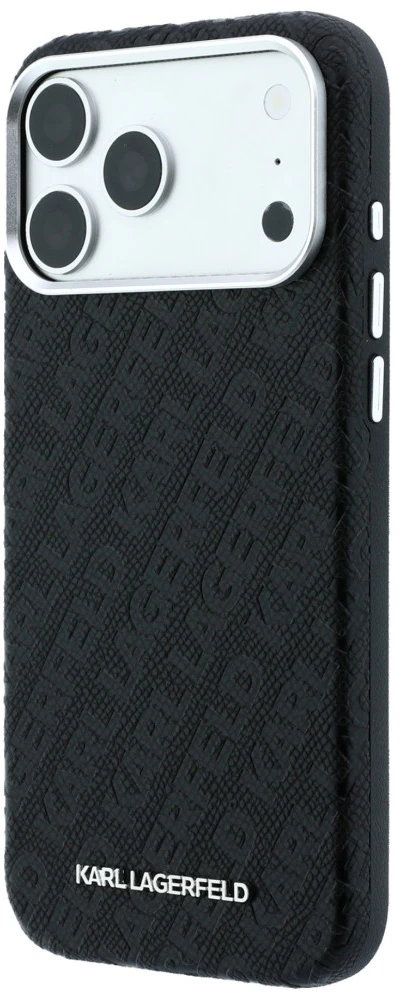 Dėklas Karl Lagerfeld Grained Allover Logo Metal Elongated skirtas iPhone 18 Pro Max/17 Pro Max juodas