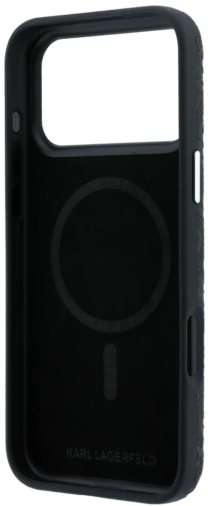 Dėklas Karl Lagerfeld Grained Allover Logo Metal Elongated skirtas iPhone 18 Pro Max/17 Pro Max juodas