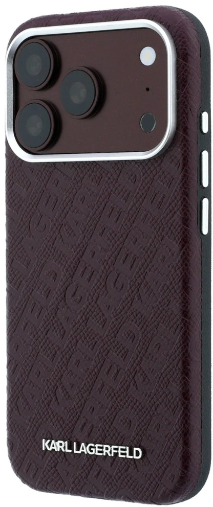 Dėklas Karl Lagerfeld Grained Allover Logo Metal Elongated MagSafe skirtas iPhone 18 Pro / 17 Pro burgundy