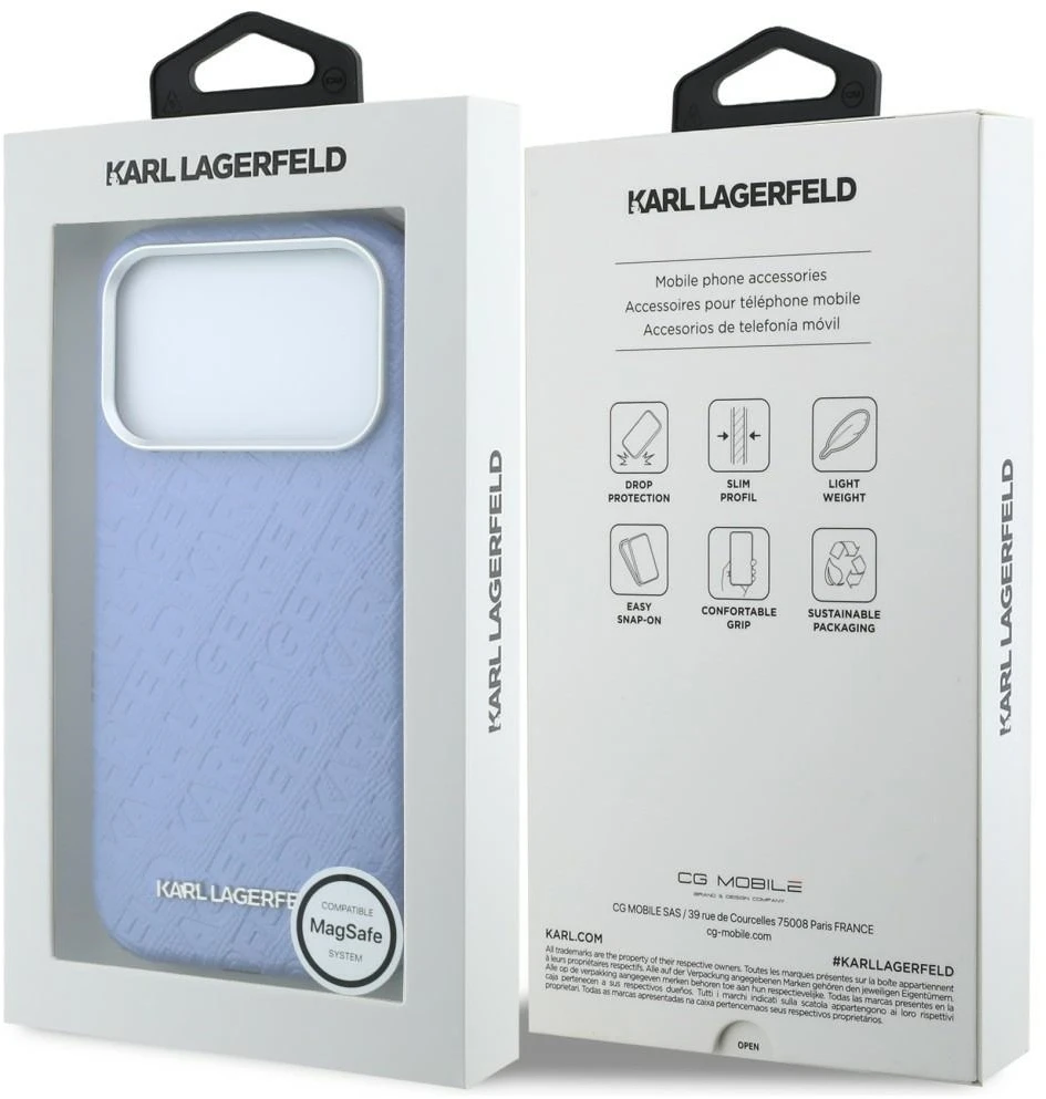 Dėklas Karl Lagerfeld Grained Allover Logo Metal Elongated MagSafe skirtas iPhone 18 Pro / 17 Pro mėlynas