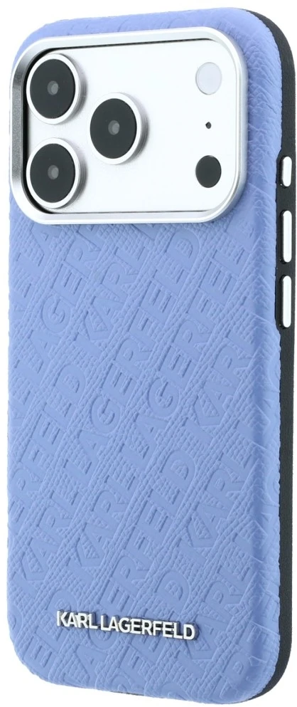 Dėklas Karl Lagerfeld Grained Allover Logo Metal Elongated MagSafe skirtas iPhone 18 Pro / 17 Pro mėlynas