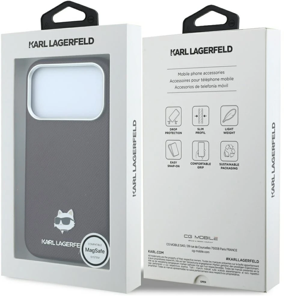 Dėklas Karl Lagerfeld case for IPHONE 18 Pro Max/ 17 Pro Max compatible with MagSafe (Grained Choupette Head Metal) burgund