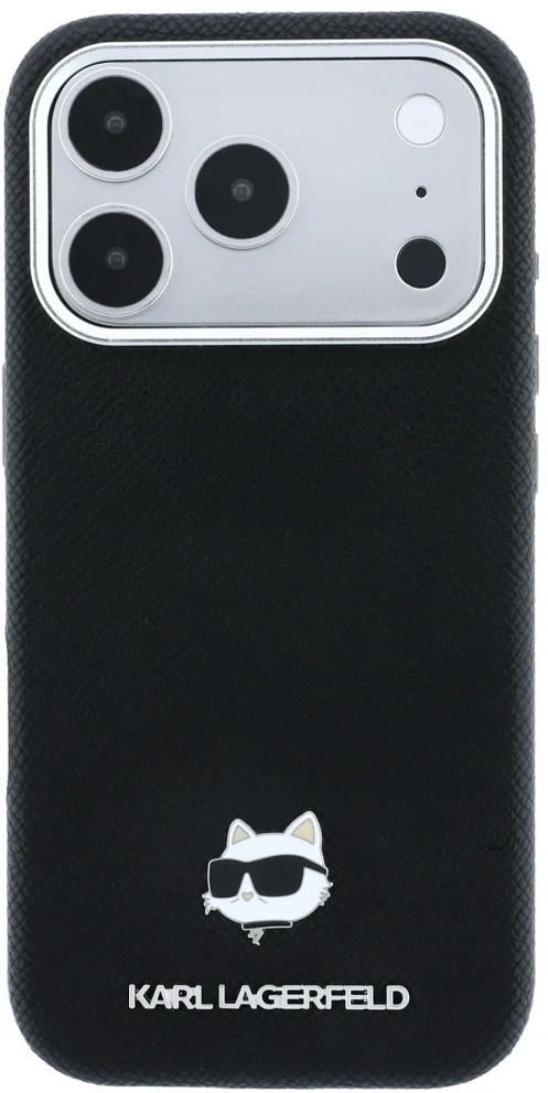 Dėklas Karl Lagerfeld Grained Choupette Head Metal MagSafe Case for iPhone 17 Pro Max / 18 Pro Max - Juodas
