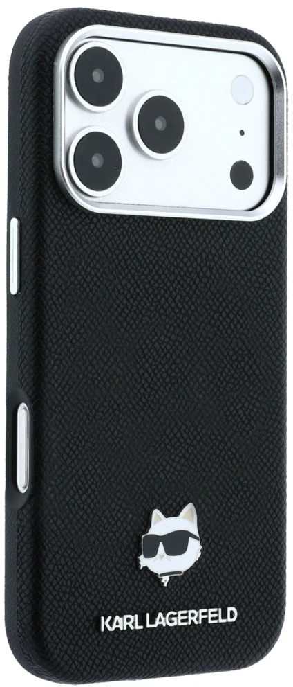 Dėklas Karl Lagerfeld Grained Choupette Head Metal MagSafe Case for iPhone 17 Pro Max / 18 Pro Max - Juodas