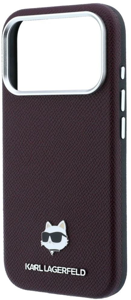 Dėklas Karl Lagerfeld Grained Choupette Head Metal MagSafe case for iPhone 17 Pro / 18 Pro - burgundy