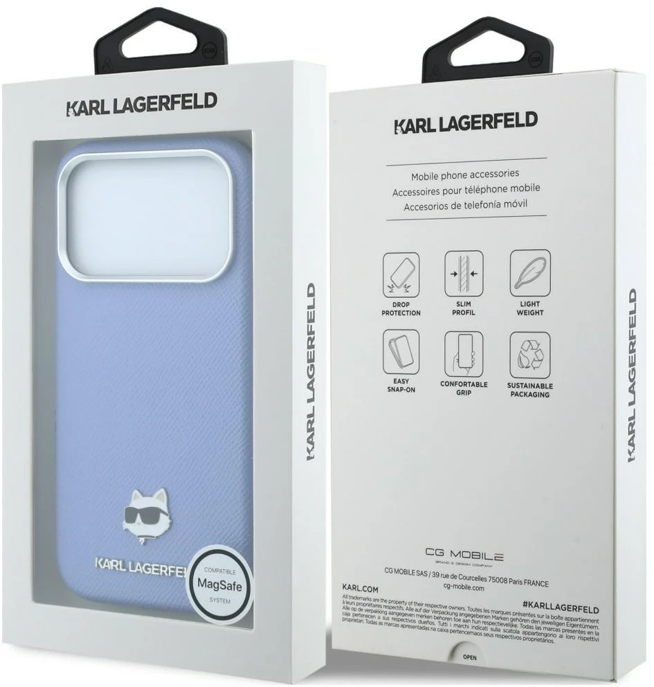 Karl Lagerfeld dėklas, skirtas IPHONE 18 Pro Max / 17 Pro Max, suderinamas su MagSafe (Grained Choupette Head Metal), šviesiai mėlynas