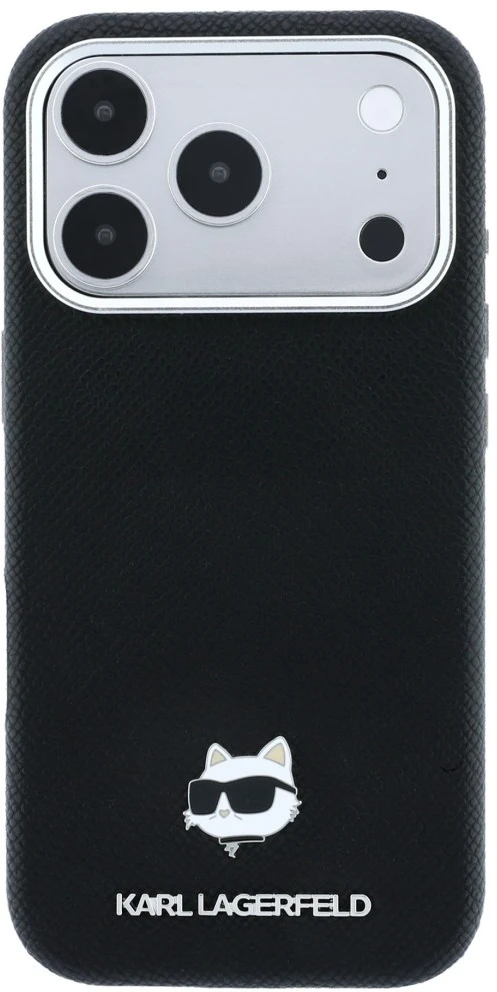 Karl Lagerfeld Grūdėtos odos Choupette galva Metal MagSafe dėklas, skirtas iPhone 17 Pro / 18 Pro - Juoda