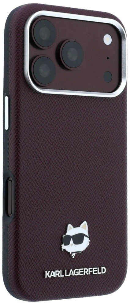 Dėklas Karl Lagerfeld Grained Choupette Head Metal MagSafe case for iPhone 17 Pro / 18 Pro - burgundy