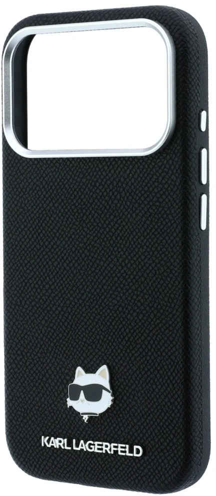 Karl Lagerfeld Grūdėtos odos Choupette galva Metal MagSafe dėklas, skirtas iPhone 17 Pro / 18 Pro - Juoda