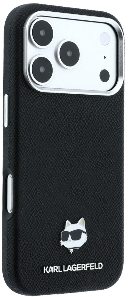 Karl Lagerfeld Grūdėtos odos Choupette galva Metal MagSafe dėklas, skirtas iPhone 17 Pro / 18 Pro - Juoda
