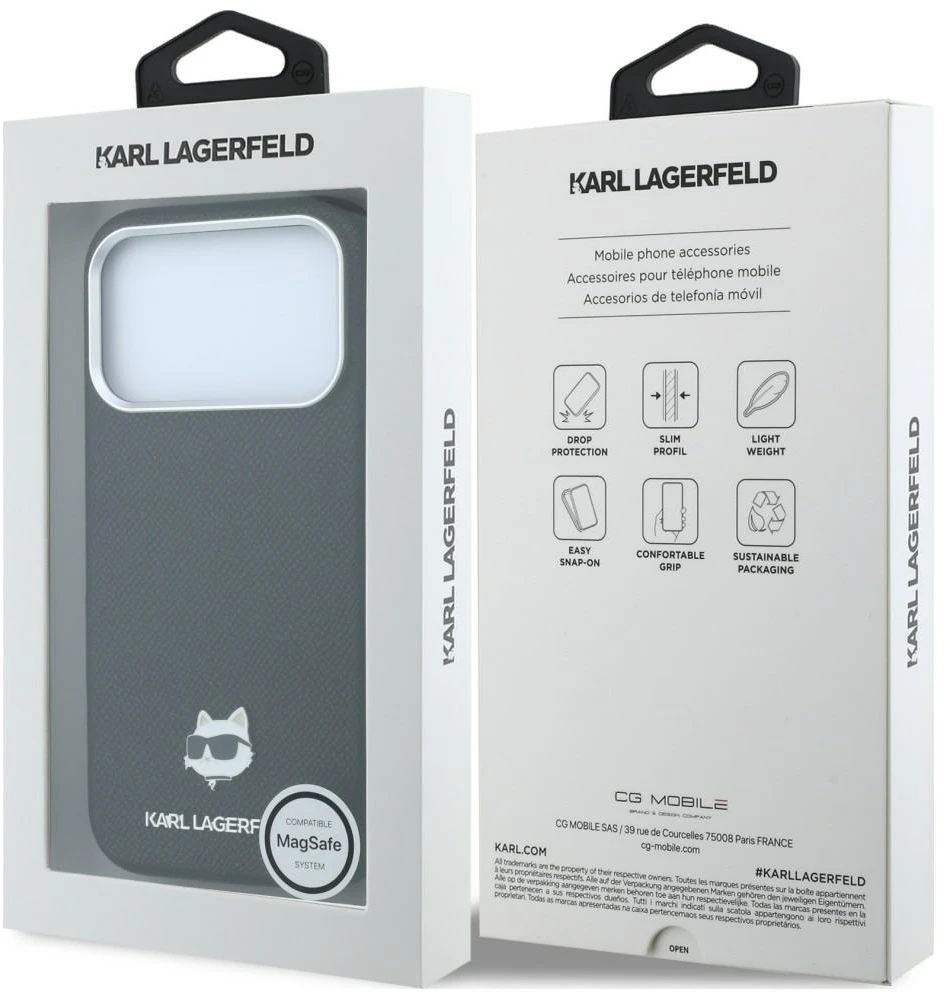 Karl Lagerfeld Grūdėtos odos Choupette galva Metal MagSafe dėklas, skirtas iPhone 17 Pro / 18 Pro - Juoda