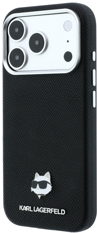 Dėklas Karl Lagerfeld Grained Choupette Head Metal MagSafe Case for iPhone 17 Pro Max / 18 Pro Max - Juodas