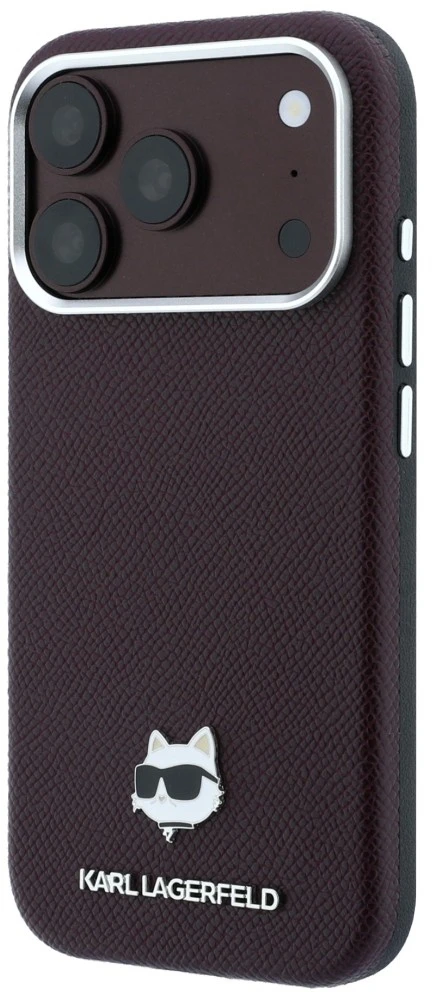 Dėklas Karl Lagerfeld Grained Choupette Head Metal MagSafe case for iPhone 17 Pro / 18 Pro - burgundy