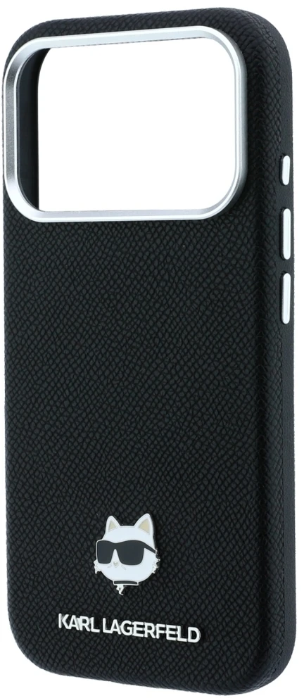 Dėklas Karl Lagerfeld Grained Choupette Head Metal MagSafe Case for iPhone 17 Pro Max / 18 Pro Max - Juodas