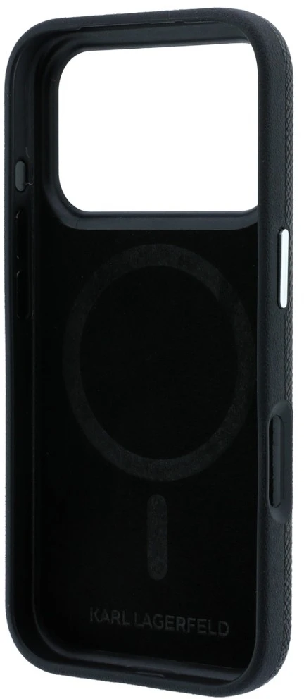Karl Lagerfeld Grūdėtos odos Choupette galva Metal MagSafe dėklas, skirtas iPhone 17 Pro / 18 Pro - Juoda