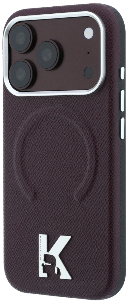 Dėklas Karl Lagerfeld Grained Embossed Ring & Kameo Logo MagSafe do iPhone 18 Pro / 17 Pro bordo spalvos