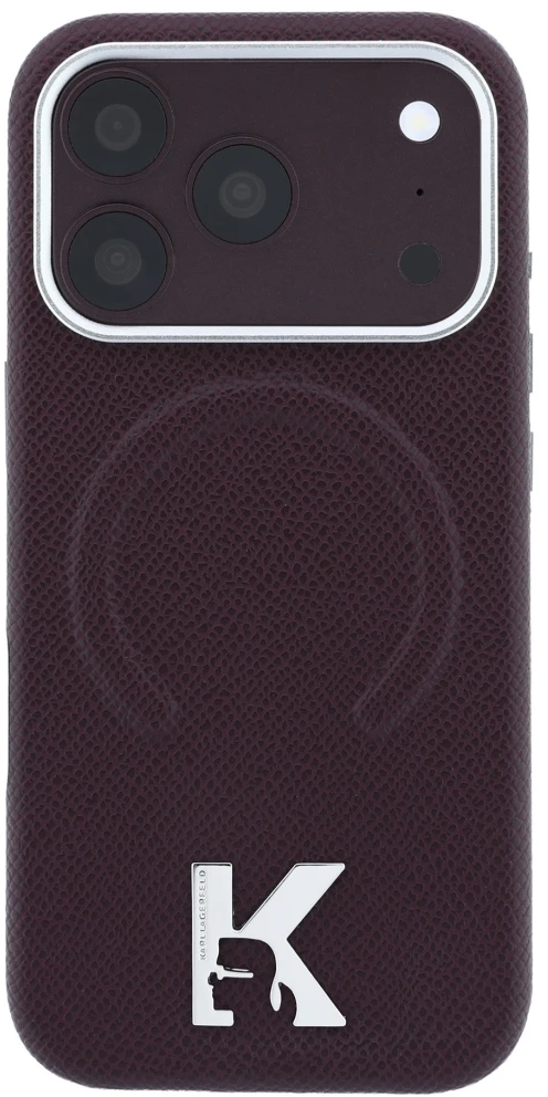 Dėklas Karl Lagerfeld Grained Embossed Ring & Kameo Logo MagSafe do iPhone 18 Pro / 17 Pro bordo spalvos