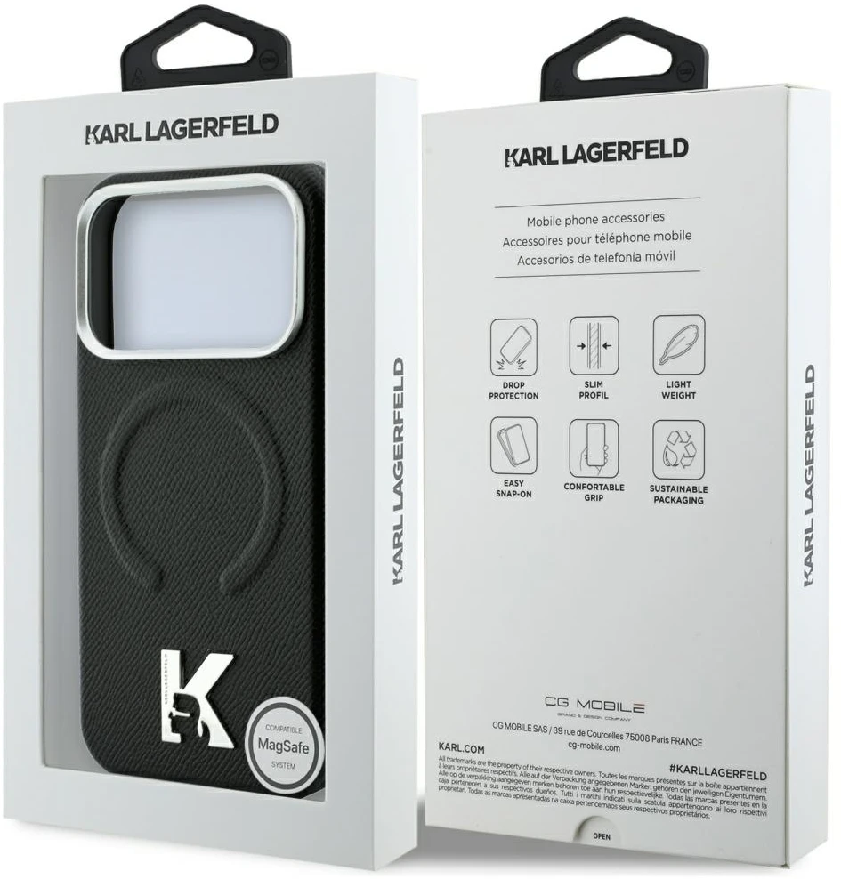Dėklas Karl Lagerfeld case for IPHONE 18 Pro Max/17 Pro Max compatible with MagSafe (Grained Embossed Ring & Kameo Logo) juodas