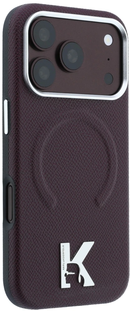 Dėklas Karl Lagerfeld Grained Embossed Ring & Kameo Logo MagSafe do iPhone 18 Pro / 17 Pro bordo spalvos