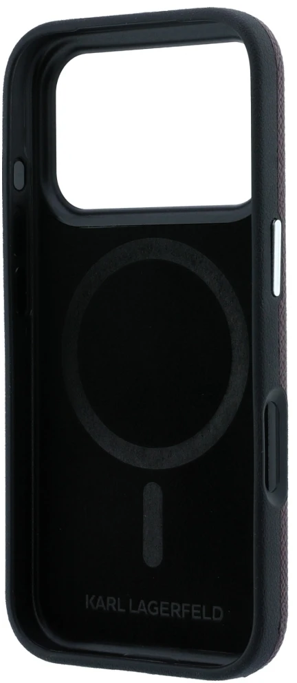 Dėklas Karl Lagerfeld Grained Embossed Ring & Kameo Logo MagSafe do iPhone 18 Pro / 17 Pro bordo spalvos