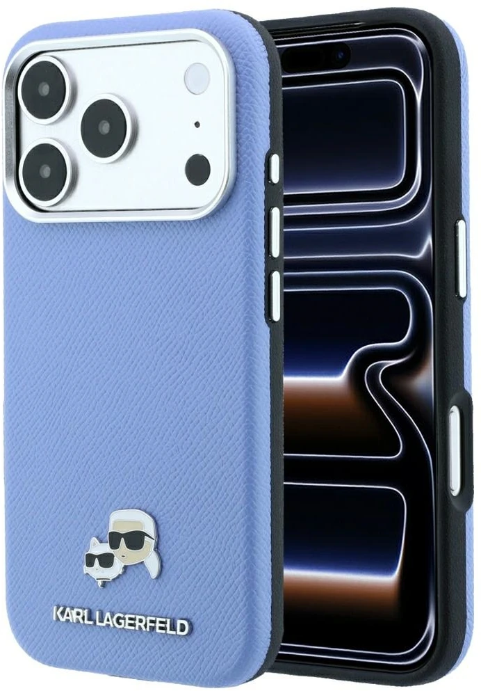 Karl Lagerfeld PU grūdintos tekstūros pusiau apgaubiantis K&CH galvučių Magsafe dėklas skirtas iPhone 18 Pro Max Mėlyna