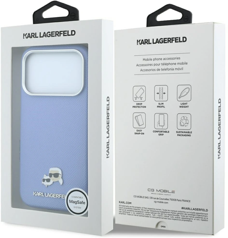 Karl Lagerfeld PU grūdintos tekstūros pusiau apgaubiantis K&CH galvučių Magsafe dėklas skirtas iPhone 18 Pro Max Mėlyna