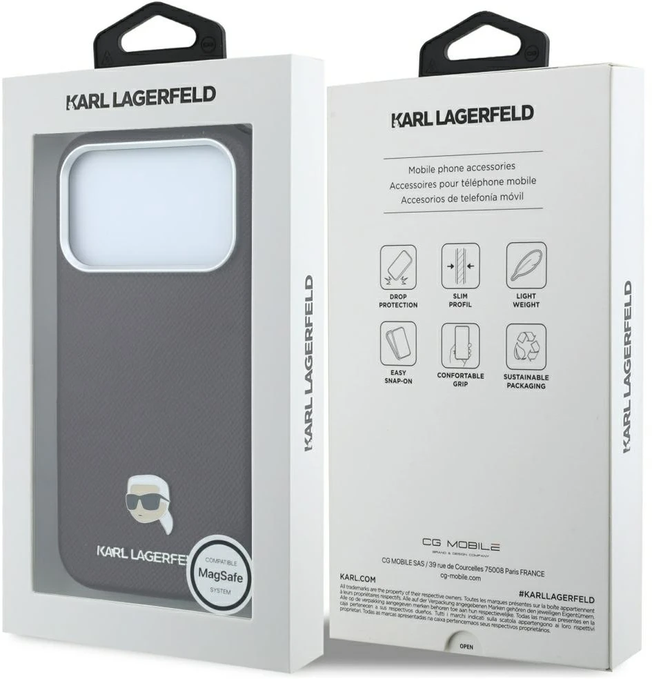 Dėklas Karl Lagerfeld case for IPHONE 18 Pro/ 17 Pro compatible with MagSafe (Grained Karl Head Metal) burgundy