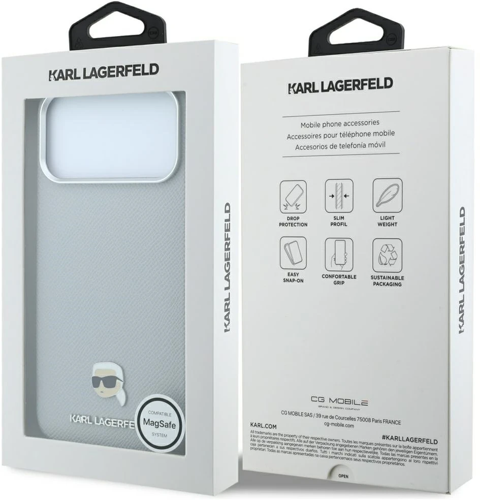 Dėklas Karl Lagerfeld Grained Karl Head Metal MagSafe do iPhone 18 Pro Max / 17 Pro Max pilka