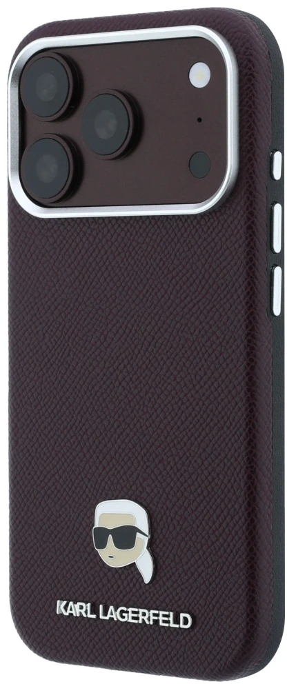 Dėklas Karl Lagerfeld case for IPHONE 18 Pro Max/ 17 Pro Max compatible with MagSafe (Grained Karl Head Metal) burgundy