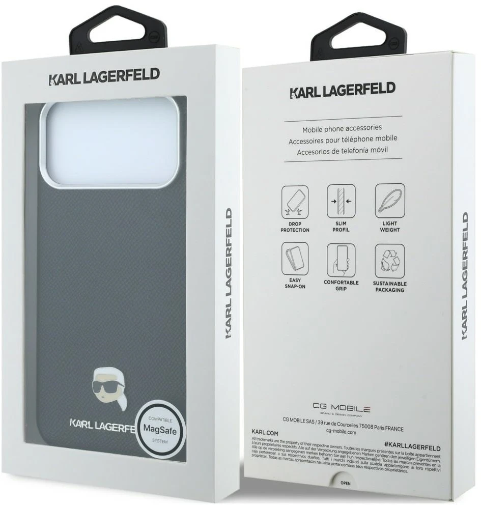 Dėklas Karl Lagerfeld Grained Karl Head Metal MagSafe do iPhone 18 Pro Max / 17 Pro Max juoda