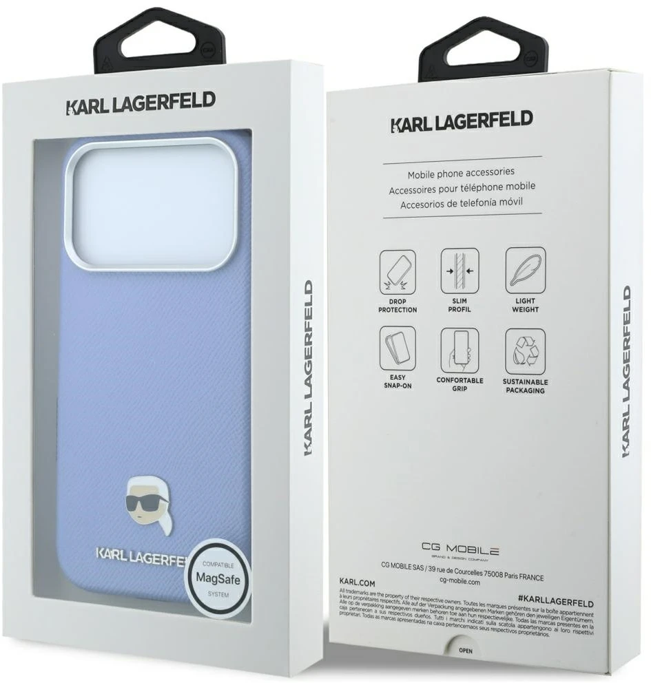 Dėklas Karl Lagerfeld case for IPHONE 18 Pro/ 17 Pro compatible with MagSafe (Grained Karl Head Metal) light mėlynas