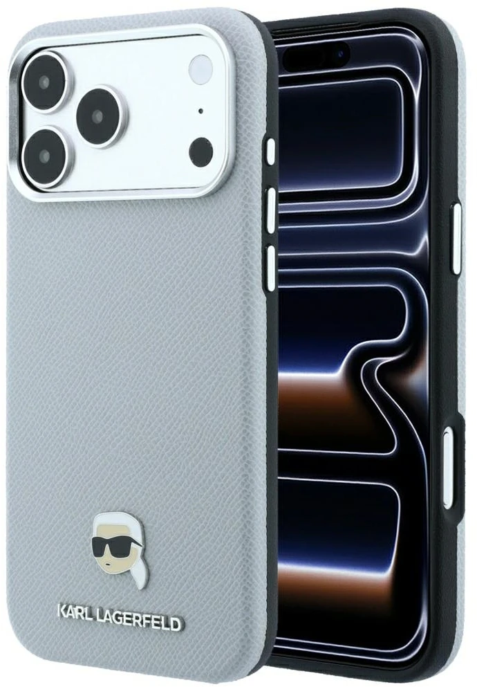 Dėklas Karl Lagerfeld Grained Karl Head Metal MagSafe do iPhone 18 Pro Max / 17 Pro Max pilka