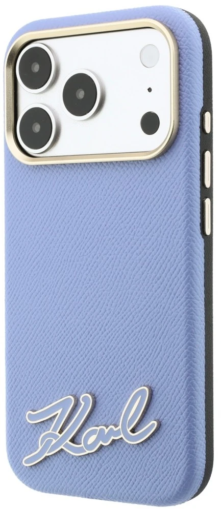 Dėklas Karl Lagerfeld Grained with Resin Signature Logo MagSafe, skirtas iPhone 18 Pro / 17 Pro, šviesiai mėlynas