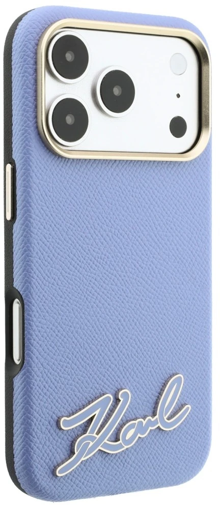 Dėklas Karl Lagerfeld Grained with Resin Signature Logo MagSafe, skirtas iPhone 18 Pro / 17 Pro, šviesiai mėlynas