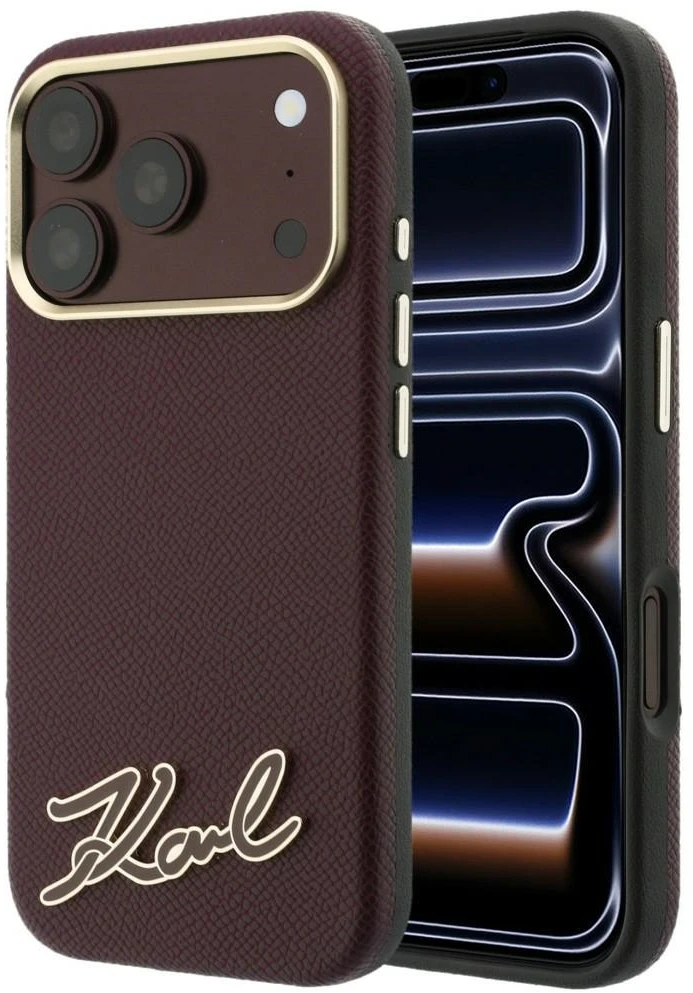Dėklas Karl Lagerfeld Grained with Resin Signature Logo MagSafe, skirtas iPhone 18 Pro / 17 Pro, bordo spalvos