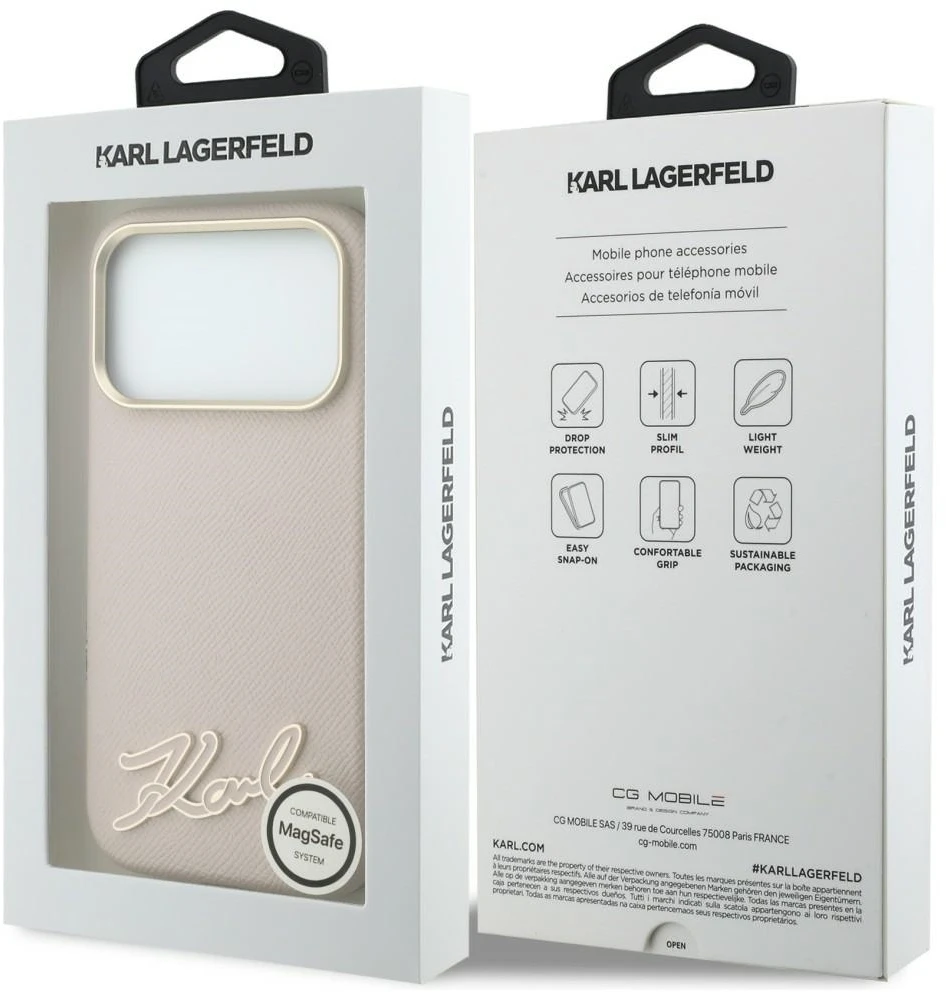 Dėklas Karl Lagerfeld Grained with Resin Signature Logo MagSafe, skirtas iPhone 18 Pro / 17 Pro, rožinis