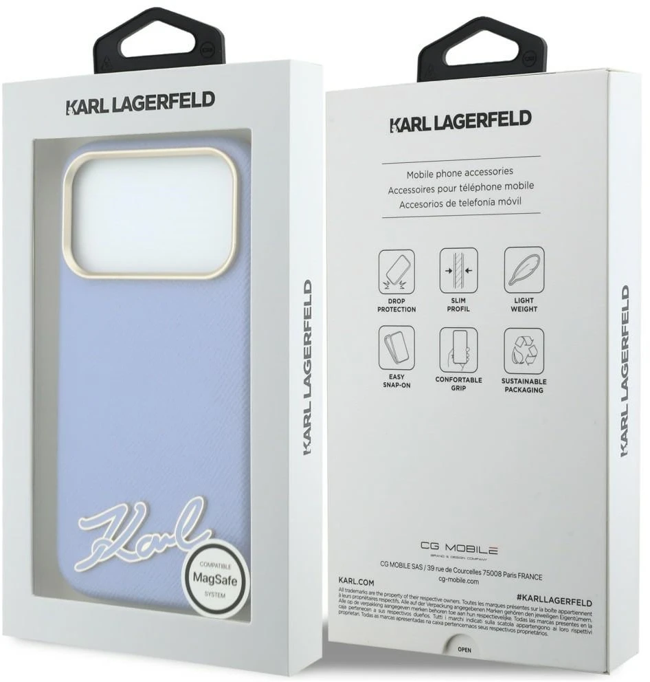 Dėklas Karl Lagerfeld Grained with Resin Signature Logo MagSafe, skirtas iPhone 18 Pro / 17 Pro, šviesiai mėlynas